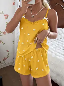 Crews Storer 2026 Women's Butterfly Pajama Set - Ribbed Lace Trim Cami & Shorts Cozy Sleepwear