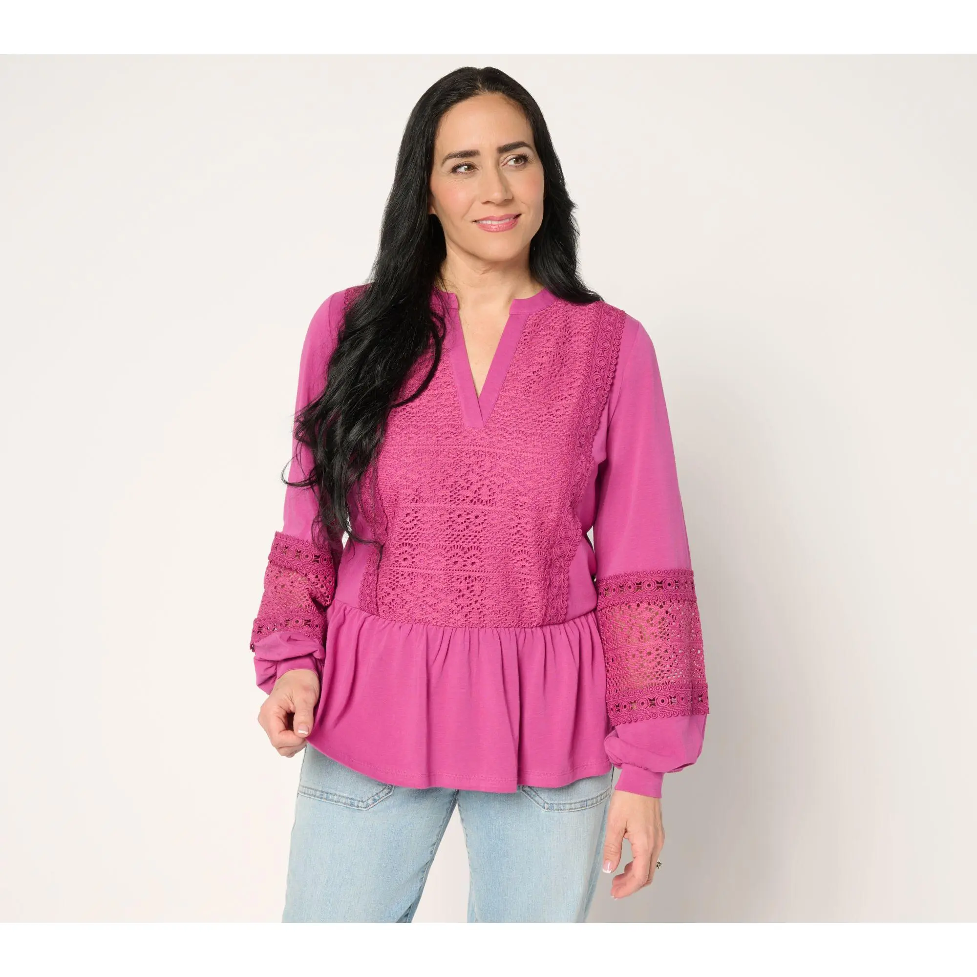 LOGO Lavish by Lori Goldstein Mix Media Peplum Top LOGO Lavish by Lori Goldstein Mix Media Peplum Top