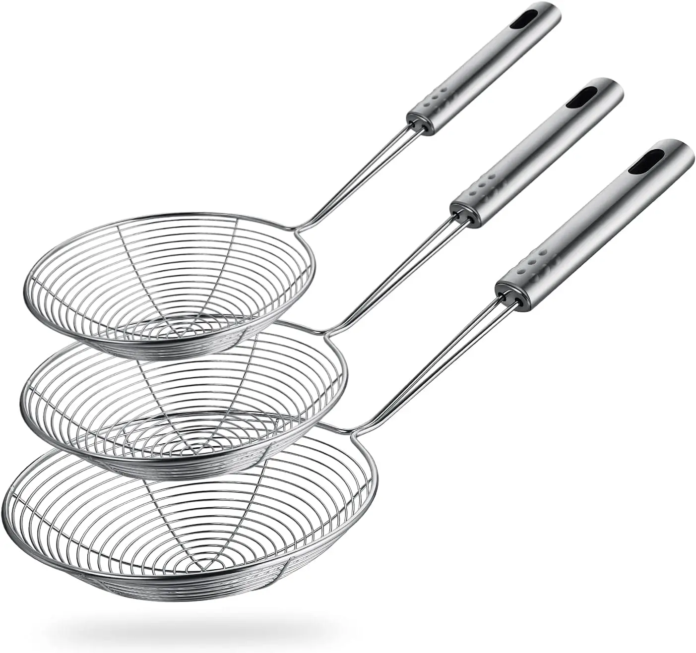 Spider Strainer Skimmer Spoon, Set of 3 Sizes Frying Spoon Stainless Steel Fryer Scoop Wire Strainer Ladle with Long Handle for Kitchen Frying Cooking Food Pasta Hanging Plastic