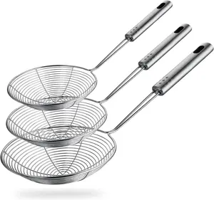 Spider Strainer Skimmer Spoon, Set of 3 Sizes Frying Spoon Stainless Steel Fryer Scoop Wire Strainer Ladle with Long Handle for Kitchen Frying Cooking Food Pasta Hanging Plastic