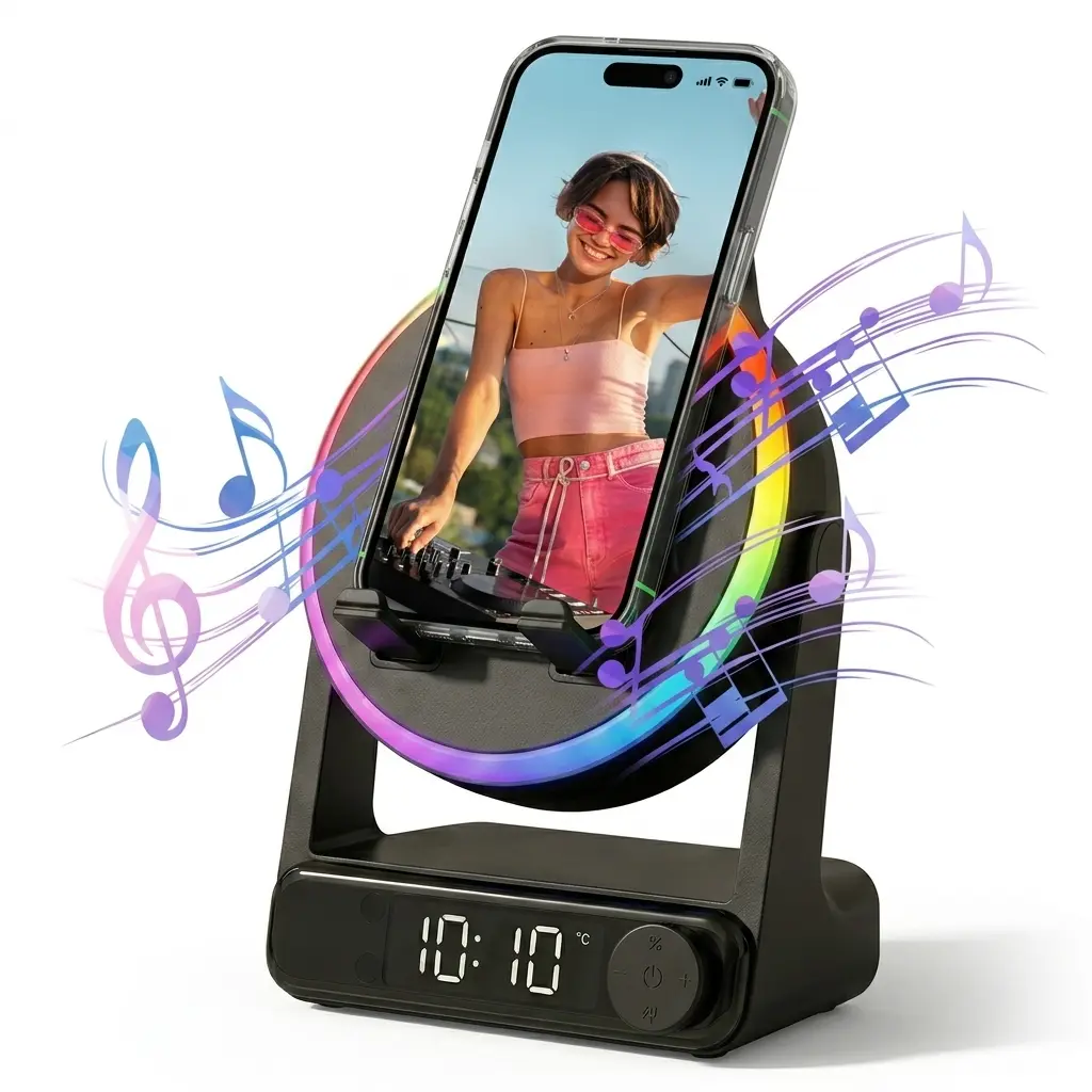 Magic Induction Wireless Speaker Phone Holder with Built-in Emergency Power Bank & RGB Ambiance Light, Desktop Gadgets