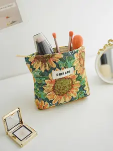 Sunflower Pattern Bohemian Makeup Bag, Portable Cosmetic Storage Bag, Zipper Makeup Organizer Pouch, Versatile Storage Bag for Travel, Office, Home