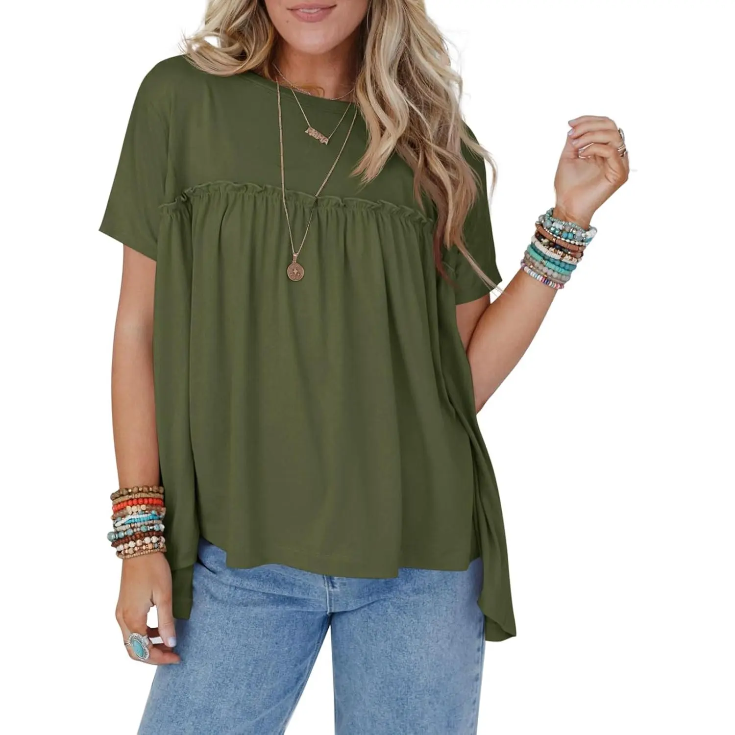Imily Bela Womens Summer Babydoll Tunic Tops Pleated Short Sleeve Crew Neck Peplum T Shirts Casual Loose Fit Outfits