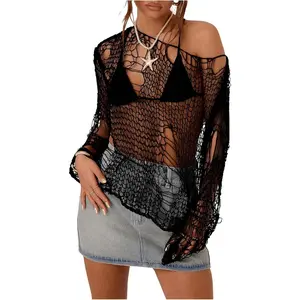 Women's Sheer Hollow Out Off Shoulder Distressed Grunge Punk Sexy Sweater Knit Top Bikini Coverup Top