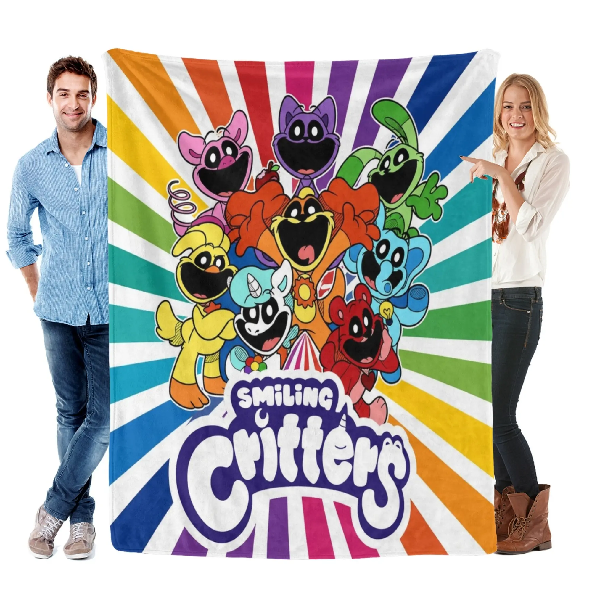 Smiling Critters All Characters Flannel Throw Blanket, Rainbow Radial Stripes Cartoon Print, Soft Warm All-Season Cover for Kids Bedroom Sofa, Perfect Gift for Horror Game Fans