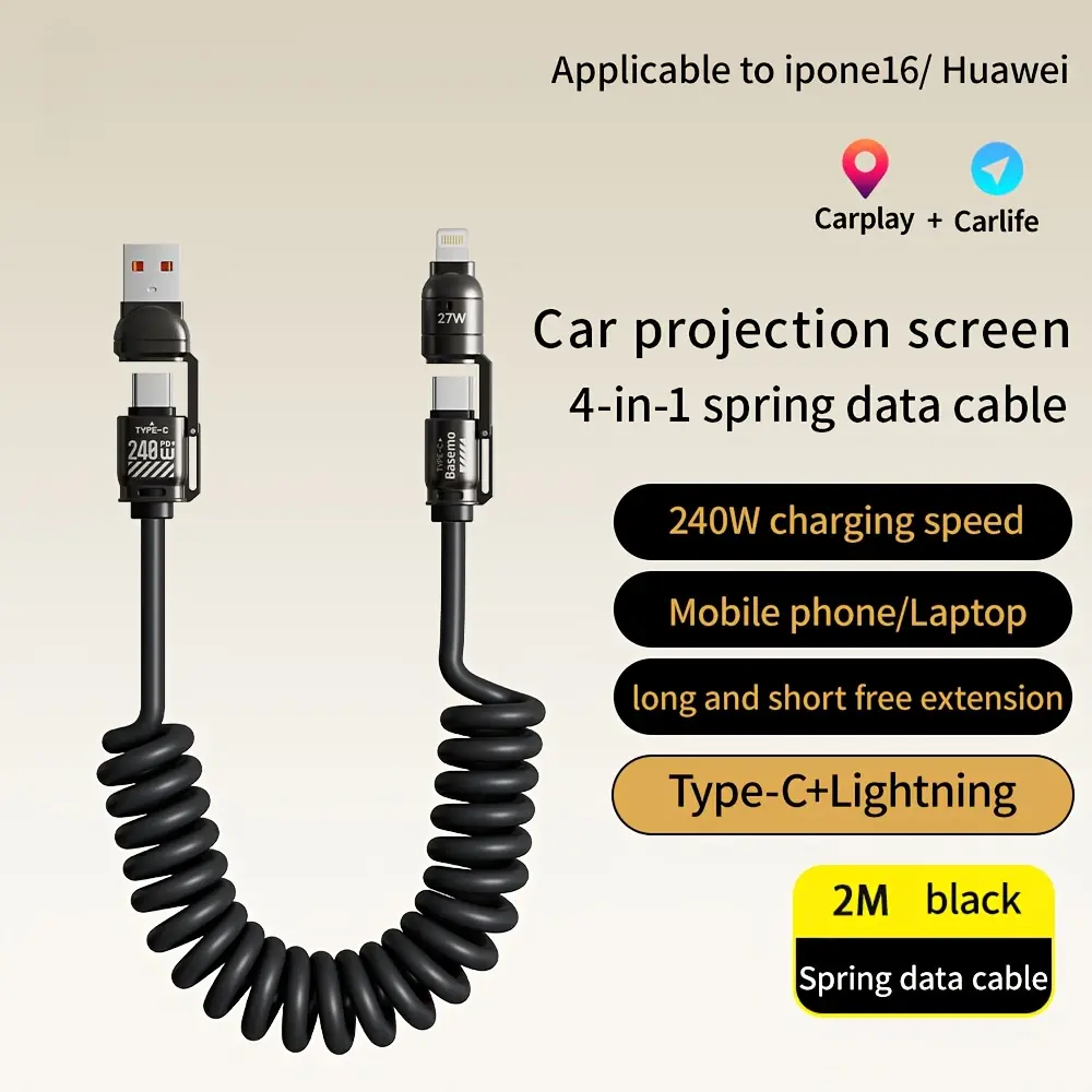 240W super fast charging 4-in-1 USB zinc alloy data cable, high-quality thick spring portable USB-C charger combination fast charging and transmission, suitable for Samsung, Xiaomi, and multiple devices charging