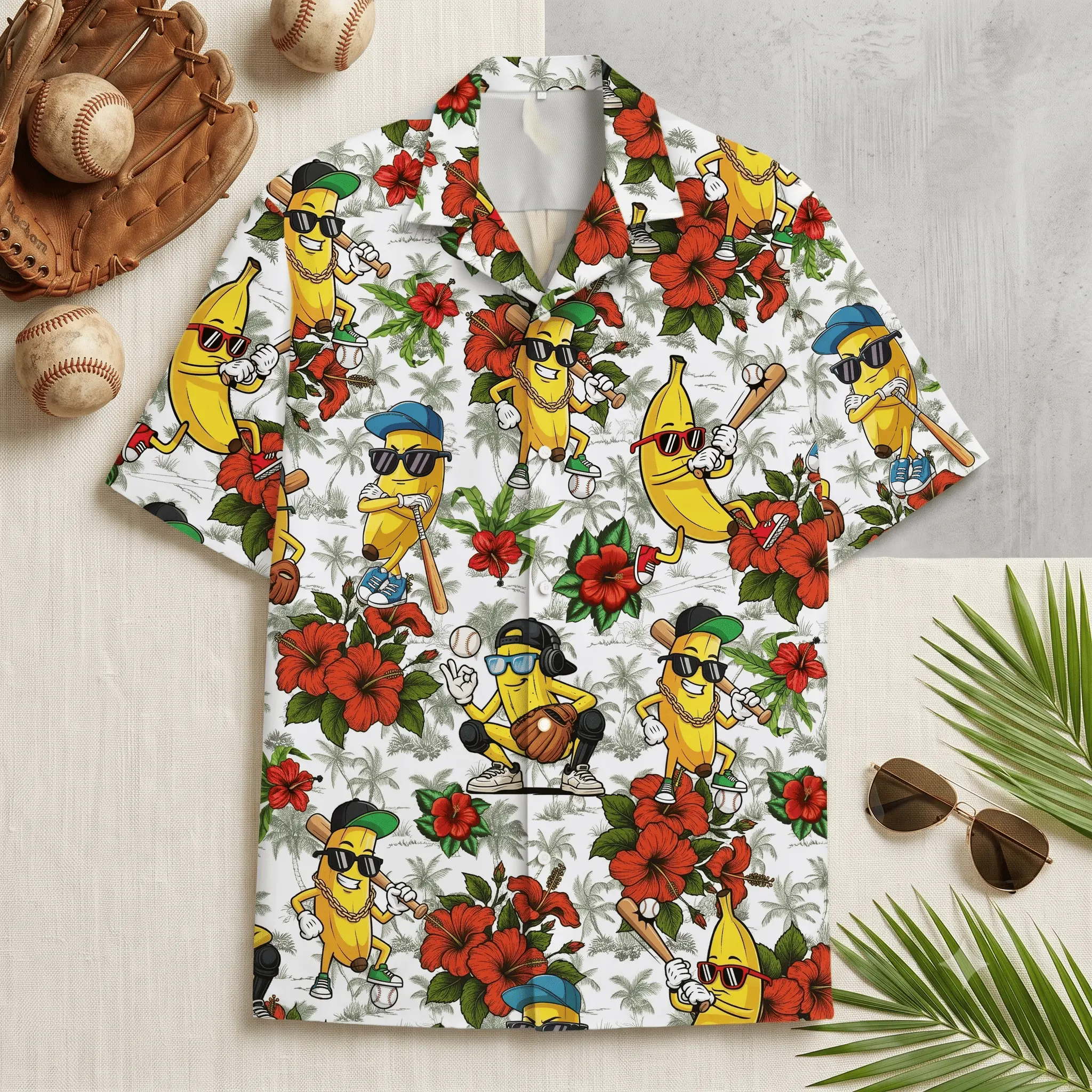 Banana Baseball Hawaiian Shirt Men Women Youth, Funny Tropical Fruit Sports Print, Tropical Short Sleeve Beach Vacation Resort Wear, Lightweight Casual Summer Party Button-Up