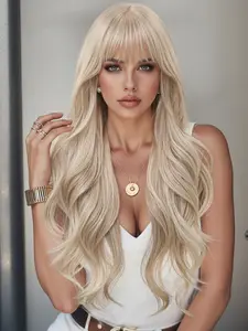 26 Inch Long Curly Wig with Bangs, Women's Synthetic Hairpiece, Synthetic Curly Wigs, All-Season Fashion Accessory for Halloween & Daily Wear