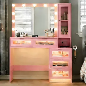Vanity Makeup Table with Mirror 11 LED Lights 5 Glass Drawers Transparent Storage Modern Glass Countertop Power Outlet Adjustable Lighting Modes Vanity Station Dressing Table Makeup Organizer Home Furniture Vanity Desk Beauty Vanity Bedroom Vanity tiktoks