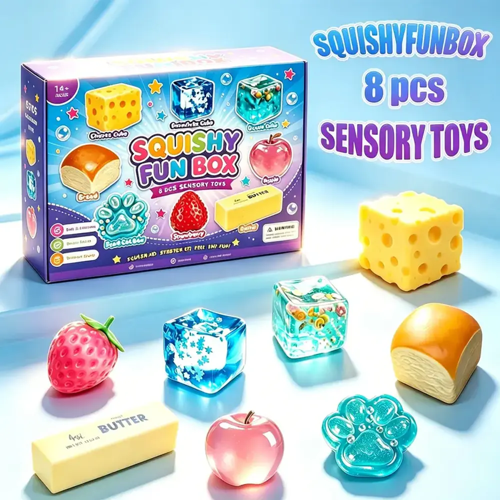 8-Pack Malt Sugar Squishies Toys, Slow Rising Stress Relief Toys, 8-Style Variety Sensory Set, Gift-Ready Bundle Party Favors, Squishy Box