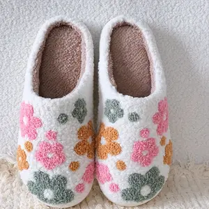 Cozy Plush Floral Slippers for Women Men Sunflower Embroidered Thick TPR Sole Machine Washable Indoor House Shoes Fall Winter Comfortable Home Slippers Soft Fabric Cute Footwear