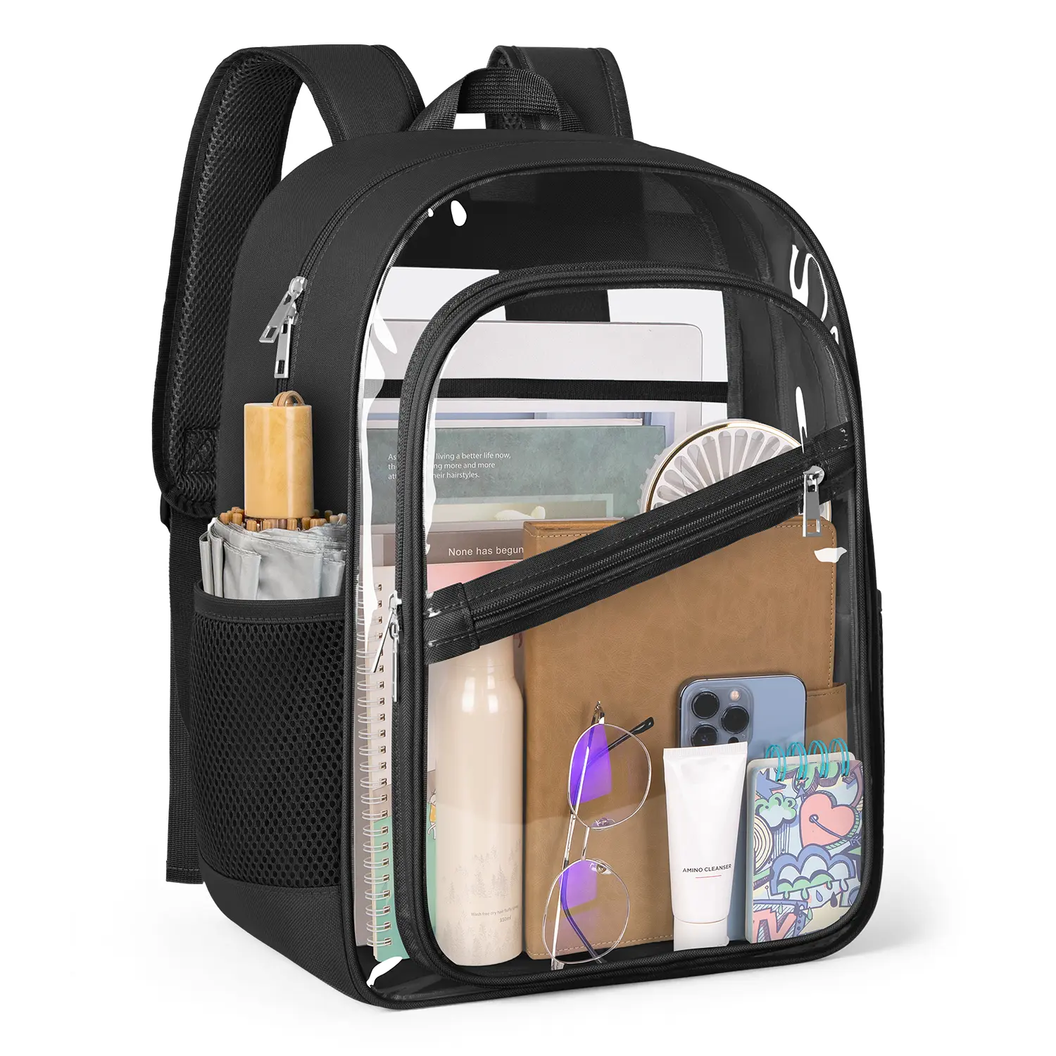Clear PVC Backpack with Large Capacity, 4-Layers See Through Schoolbag with Multi Pockets and Breathable Shoulder Straps, Lightweight Travel Backpack for School, College, Work, Vacation and Daily Use
