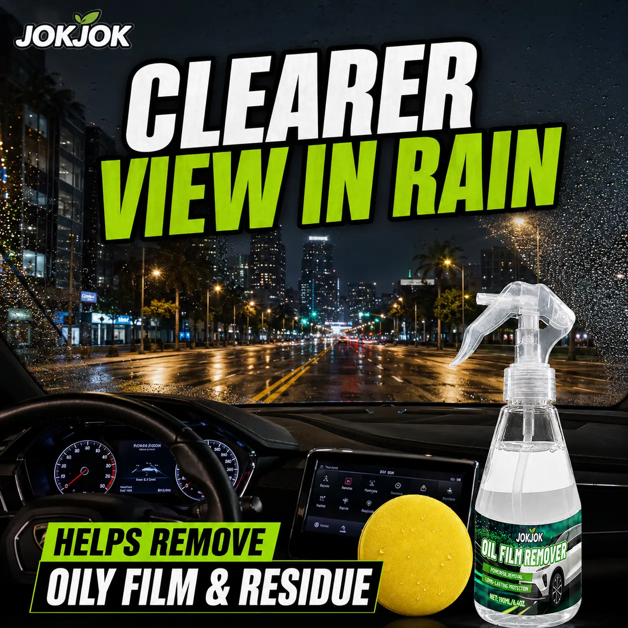 JOKJOK Car Glass Oil Film Remover Spray 190ml with Sponge | Professional Windshield Cleaner & Rain Repellent | Removes Night Glare & Water Spots glass degreaser