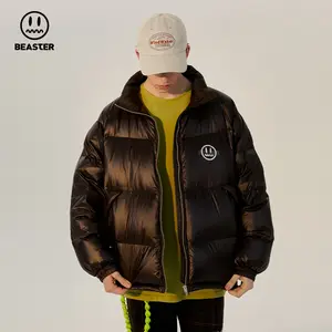 BEASTER boyfriend-style grimace white ink print down jacket, new lightweight white duck down coat for couples
