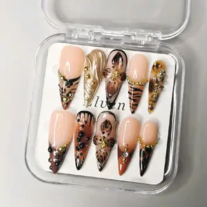Elegant Nude and Black Leopard Print Press On Nails With Floral Stiletto Shape