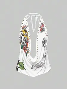 Zesty Grunge Punk Retro Y2K Chic Studded Vintage Tiger Head & Floral Geisha Print Rhinestone Sexy Deep Draped Neck Sleeveless Tank Tops For Women