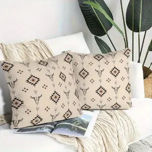 2 Printed Pillow Covers, West Bull Skull Beige Bohemian Geometric Pattern Cowboy Farmhouse Rural Decoration Pillowcase, Used For Sofa Bed Sofa Mat Home Decoration, 18 Inches X 18 Inches