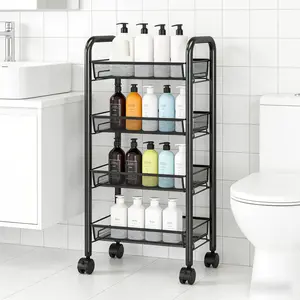 4-Tier Rolling Storage Cart with Wheels | Easy Assemble Kitchen Organizer Rack | Black Mesh Utility Cart for Home, Bathroom, Bedroom
