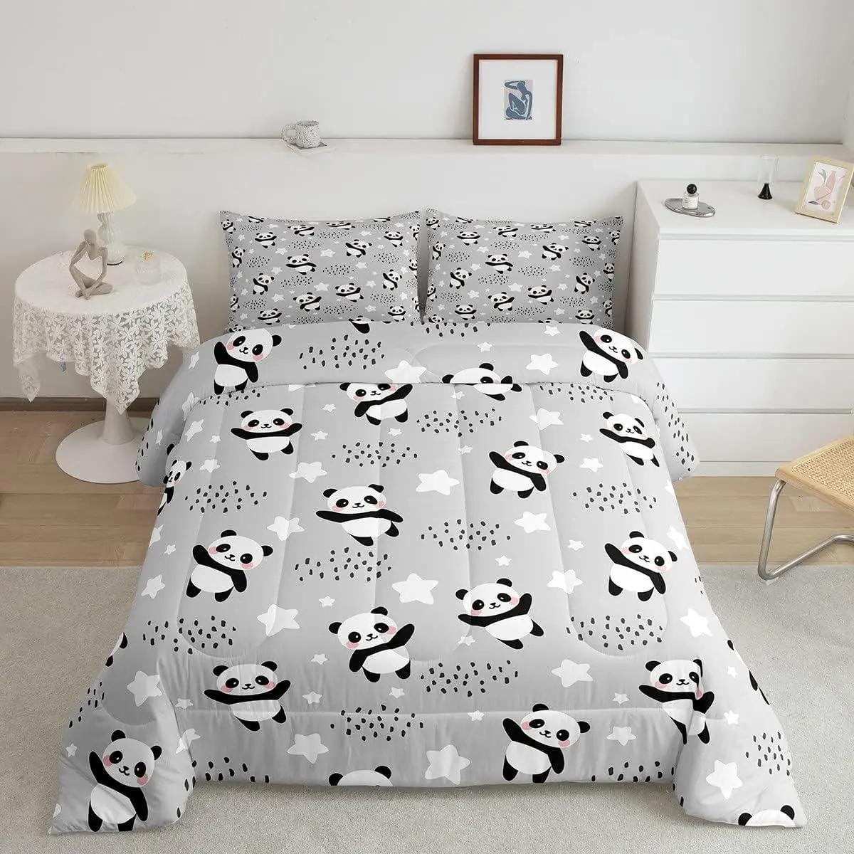 Cute Panda Comforter Set,Kawaii Animals Bedding Set for Kids Girls Women,Adults Black White Gray Comforter,Cartoon Panda Quilted Duvet Set,Bedroom Collection