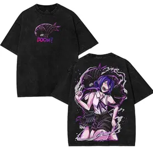 Chainsaw Man Reze bomb devil Oversized Anime Manga 2 sided Washed T-shirt Cotton Unisex Menswear Streetwear graphic tee Long Sleeve Clothes Tshirts Gamis
