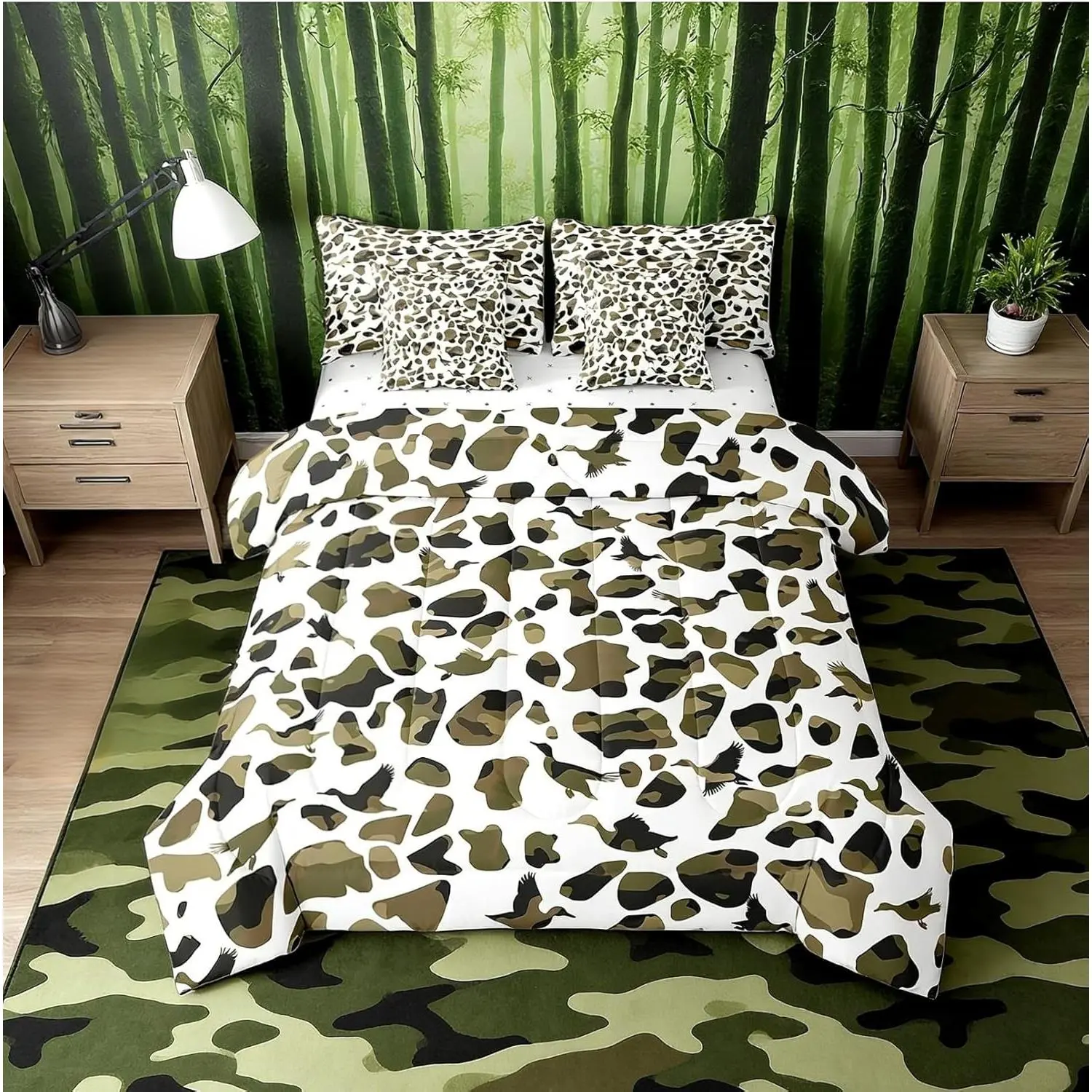 Feelyou 7-Piece Duck Hunter Green Camo Microfiber Bedding Set - Army Military Camouflage Comforter & Sheet Set, Decorative Rustic Bedding for Men, Mallard Duck Hunting Themed, Decorative Bedding Set