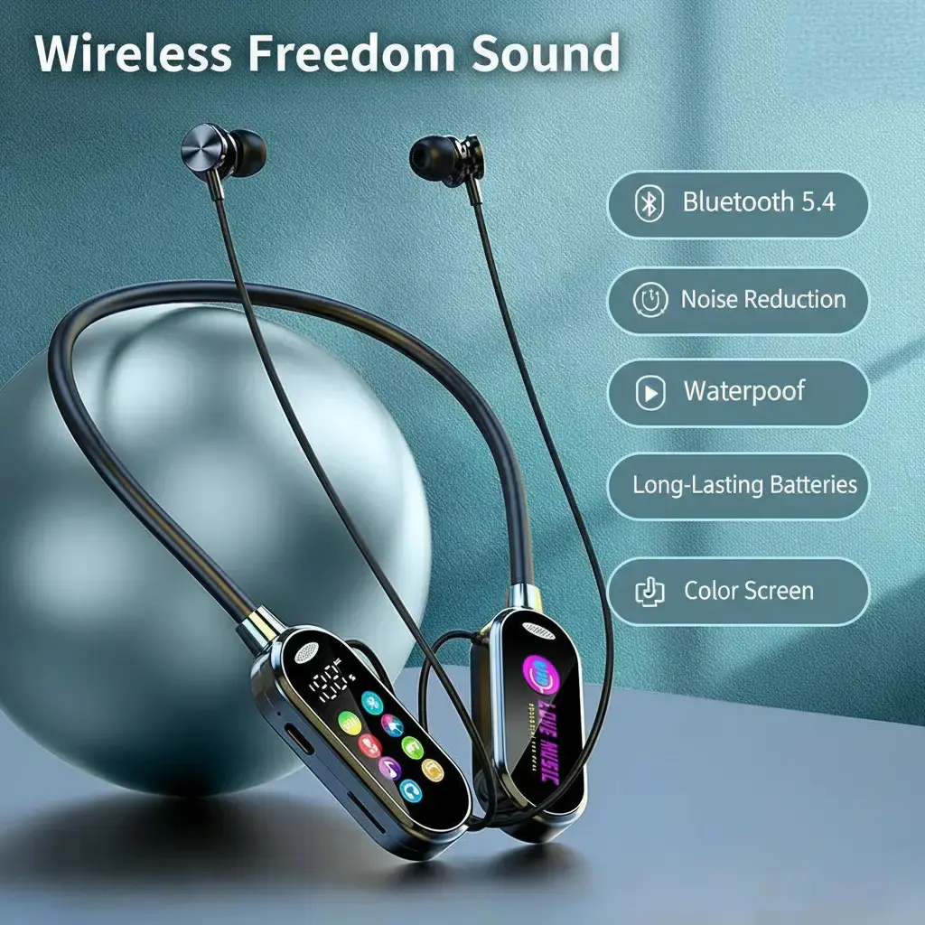Bluetooth 5.4 In-Ear Neckband Electronic Earphones - Color Screen, Noise Reduction, Waterproof, Dustproof, Long-Lasting Batteries, Wireless Audio Monitor with Rechargeable Cells