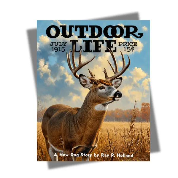 Vintage Outdoor Life July 1915 Deer Magazine Cover Poster, Majestic Whitetail Buck Wildlife Wall Art, Rustic Hunting Cabin Decor, Antique Outdoor Magazine Print, Autumn Nature Gift for Hunters