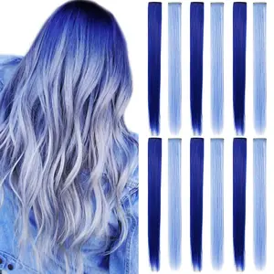 12 PCS Multi Colored Hair Extensions Clip in Kids Blue Hairpieces Party Highlights DIY Hair Accessories for Girls Women 21 Inches Long Hair (Dark blue,Light blue)