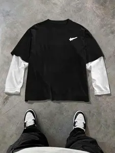Men's Hip Hop Streetwear Layered Look Shirt | Menswear Aesthetic Star Logo Patchwork Round Neck Long Sleeve Tee | Contrast Stitching Loose Fit Top for School & Casual Wear | Versatile Grunge Style Spring/Autumn Essential