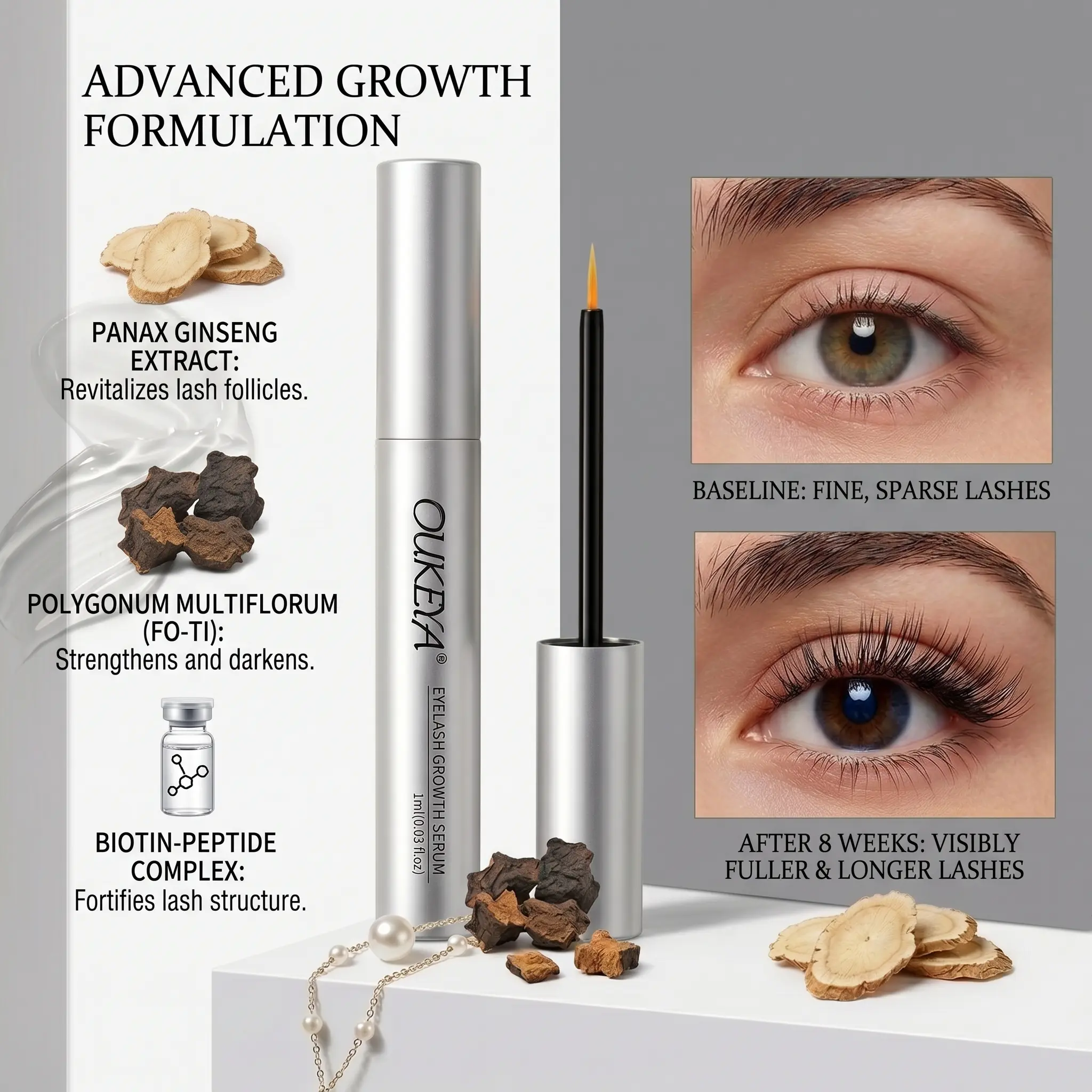 [Oukeya] Viral Eyelash Growth Serum, Jumbo 5ml fl.oz, Organic Vegan Prostaglandin-Free Formula with Ginseng Root & Fo-Ti Extract, Safe Gentle Eye Care, Delivers Visibly Fuller, Thicker & Longer Lashes & Brows Within 2 Weeks