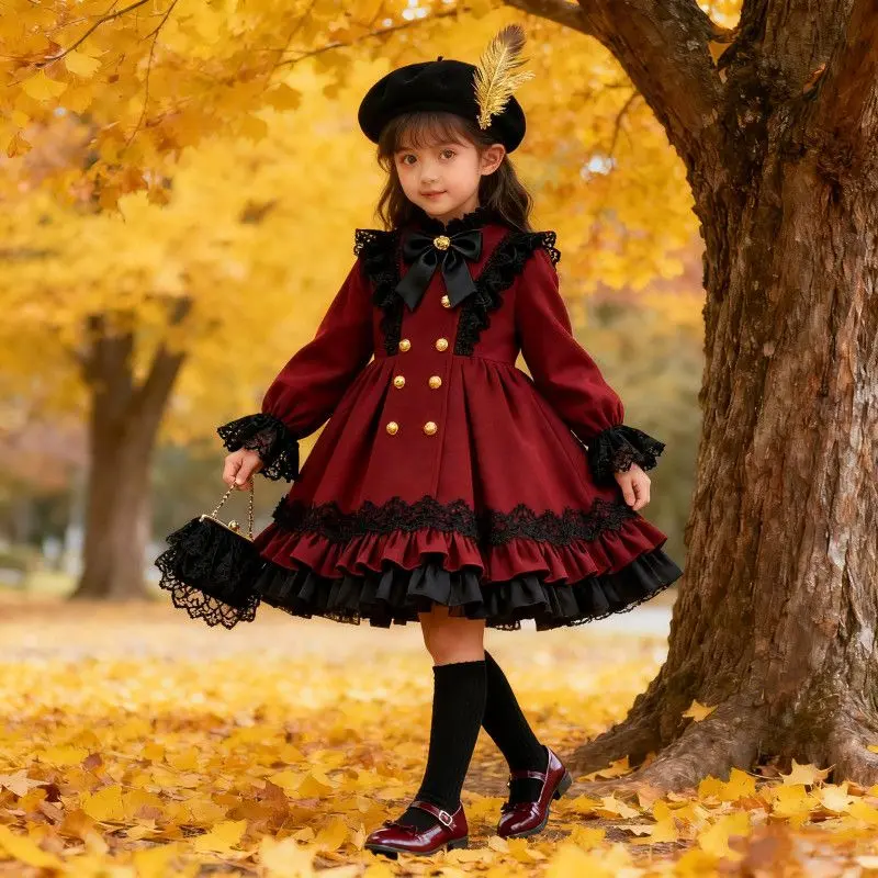 Little Girls’ Thick Autumn Vintage British-Style Wine Red Long-Sleeve A-Line Formal Dress - Double Gold Buttons, Black Lace Trim, Large Skirt Princess Gown for Outdoor Photoshoots, Birthday Parties, Hand Wash Only