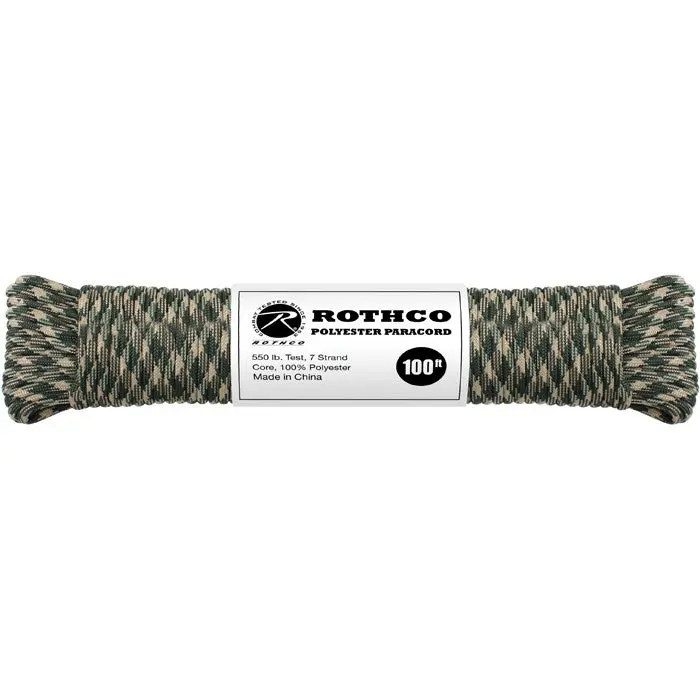 Heavy Duty Woodland Camouflage Polyester Parachute Cord Rope - 550 LB Tested, 100 ft 550 Paracord for Tools & Hardware Use