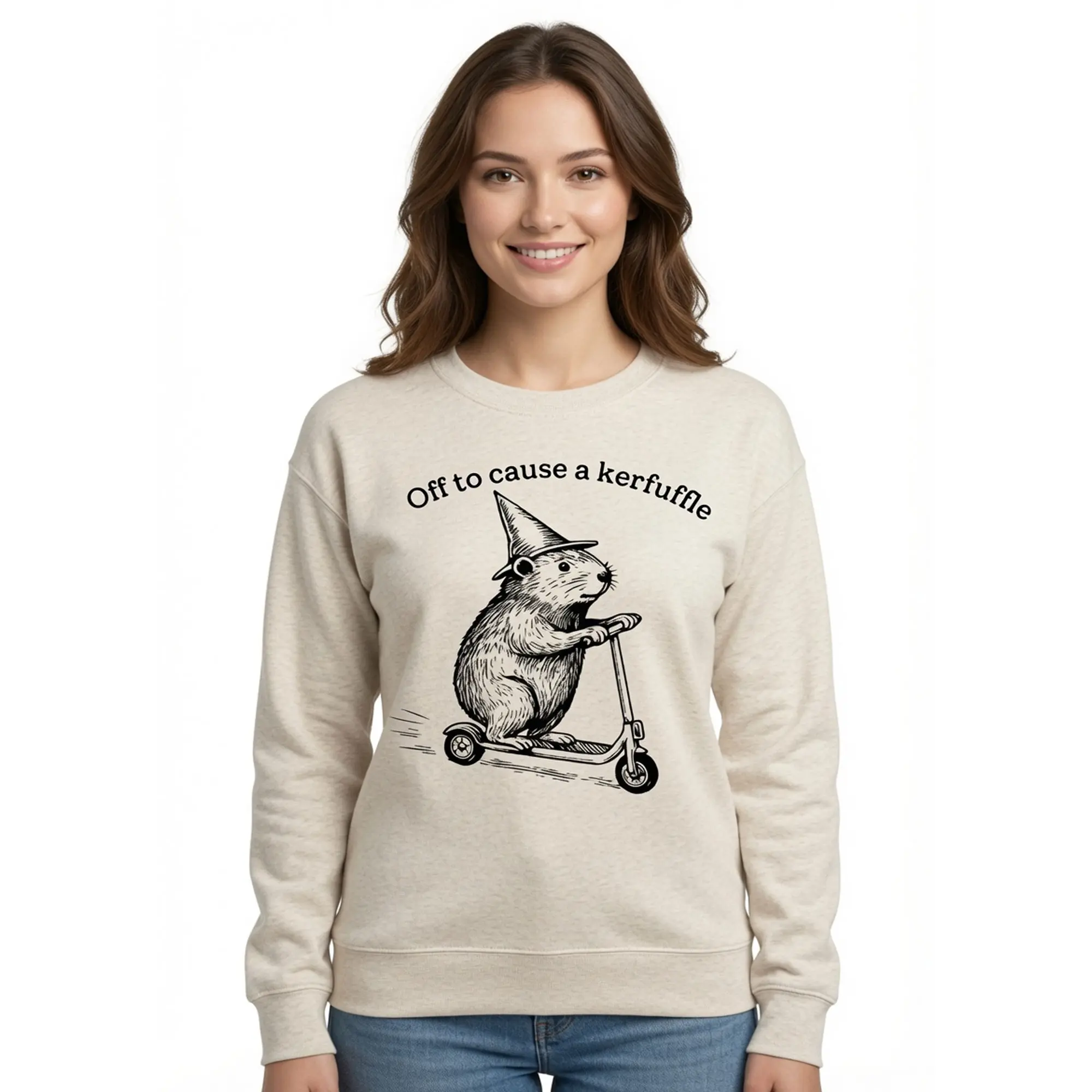Graphic Sweatshirt for Women, Funny 'Kerfuffle' Groundhog Print, Soft Fleece Seamless Crewneck Pullover with Smooth Spandex Fabric, Yarn, Longsleeves