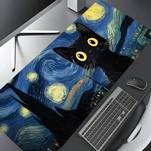 Whimsical Black Cat & Starry Night Large Game Mouse Pad, Desk Accessories, Desktop Decoration Protection Pad, Rubber Pad Non-slip Lock Edge Work Pad, multi-size mouse pad suitable for laptop, desktop computer games, work, family, good gift for kids