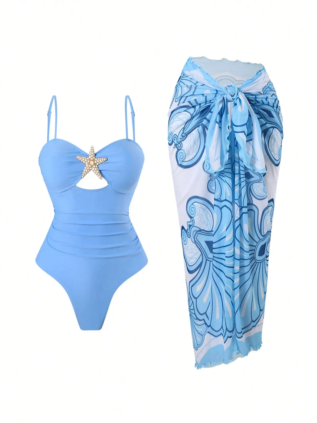 Women's Rhinestone Star Cutout 1-Piece Swimsuit Set with Matching Printed Mesh Sarong Cover-Up, Ruched Tummy Control Spaghetti Straps for Summer Beach Travel