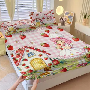 Strawberry Shortcake Print Non-Slip Bedding Set, 1 Fitted Sheet + 2 Pillowcases, Cute Pink Plaid Design, Soft Breathable Deep Pocket Mattress Cover, Wrinkle Resistant All Season Bed Sheets for Kids Teens Girls Bedroom Dorm