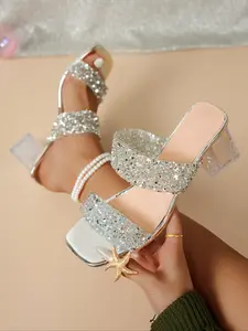 Women's Bling Sandals, Square Toe Wedge Shoes, Transparent Heel Design, Perfect for Beach Parties & Festivals