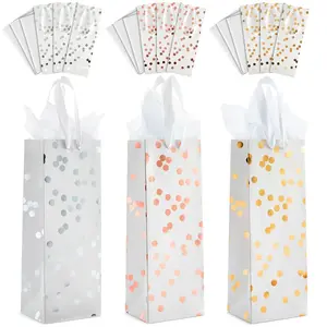 Sparkle and Bash 12 Pack White and Gold Foil Polka Dot Wine Bottle Gift Bags with Tissue Paper