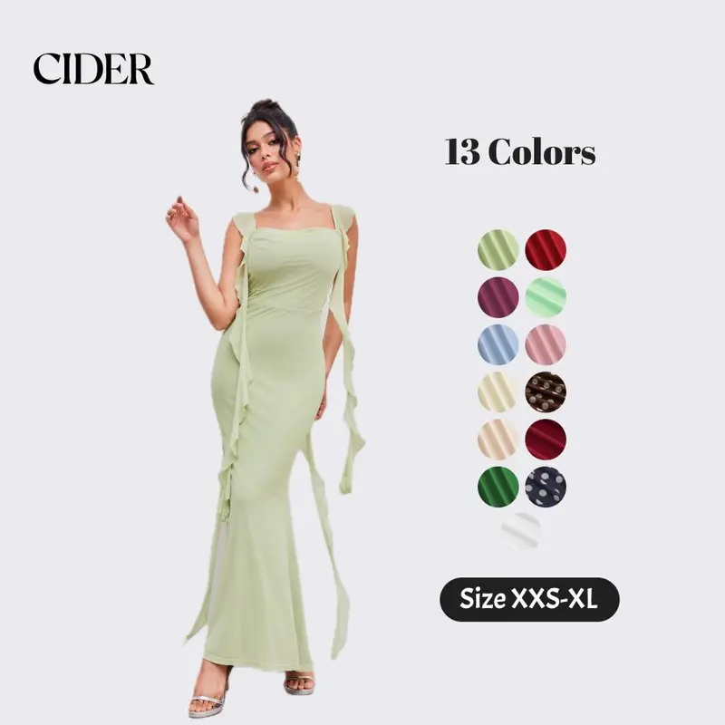 Cider Women's Elastane-Polyester Mesh Pull-On Bodycon Fitted Long Maxi Dress - Sleeveless, Frill Hem, Elegant Classy Flattering Cut, Evening Party Occasion Wear