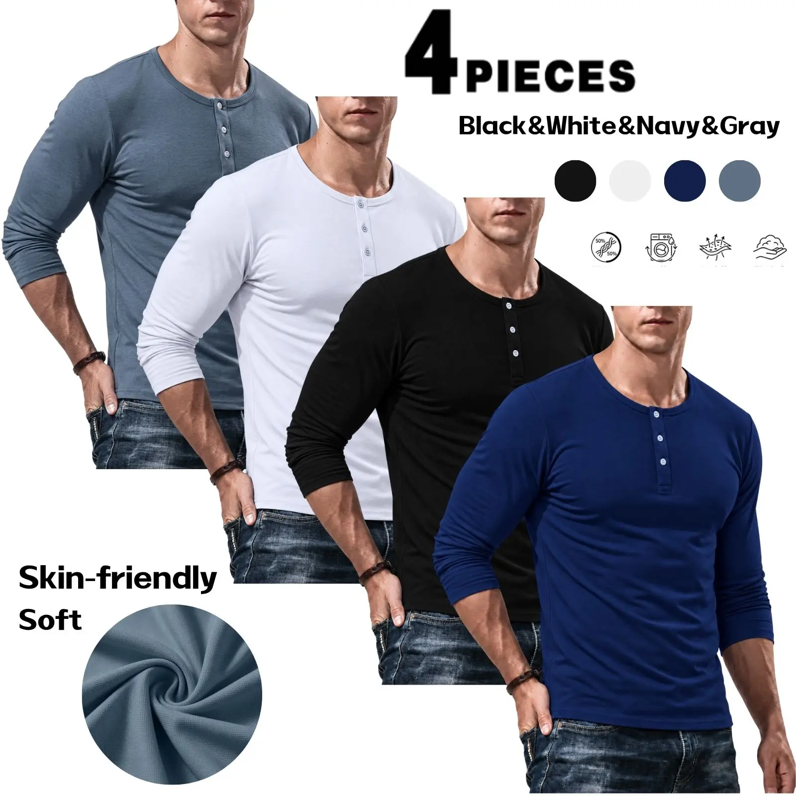4-Pack Basic Men’s Solid Color Long Sleeve Henley Top with Half Button Placket
