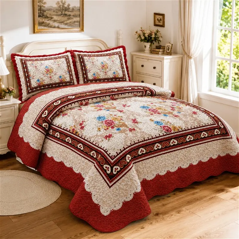 3PCS Queen Size Quilt Set Vintage Floral Patchwork Bedding Set Soft Lightweight Bedspread with Pillow Shams French Country Cottagecore Flower Pattern Quilt Romantic Farmhouse Bedroom Decor Hot Selling