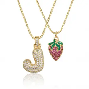 Bubble Letter Strawberry Initial Necklace Set for Women