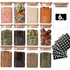 6oz Glass  Jars with  Lid and Label, 12 Pack Square Glass Container, Small  Storage Containers for Kitchen, Clear Empty Seasoning Jar for Sugar, Salt, Coffee Bean, , Borosilicate