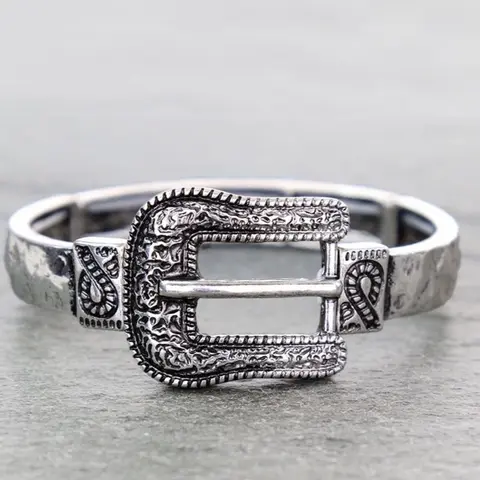 Western Filigree Belt Buckle Stretch Bracelet - Unique Design with Detailed Buckle and Flexible Band Casual Trendy Jewelry Gold Plated Bands