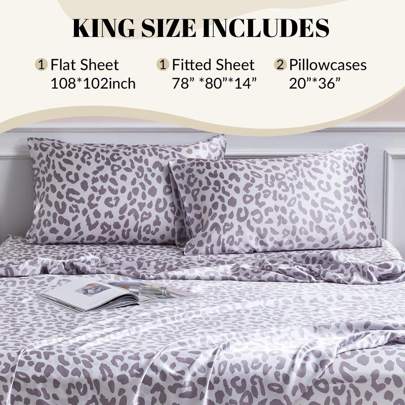 BEKRVIO- 4-Piece Purple leopard Soft Satin Sheet Set Faux Silky Bedding and Pillowcases Cooling & Wrinkle-Free  Fitted  Deep Pocket King Queen Twin Size Skin-friendly & Hair-Protective Low-Friction Cool Touch Breathable Heat-Dissipating Bed Sheet Set