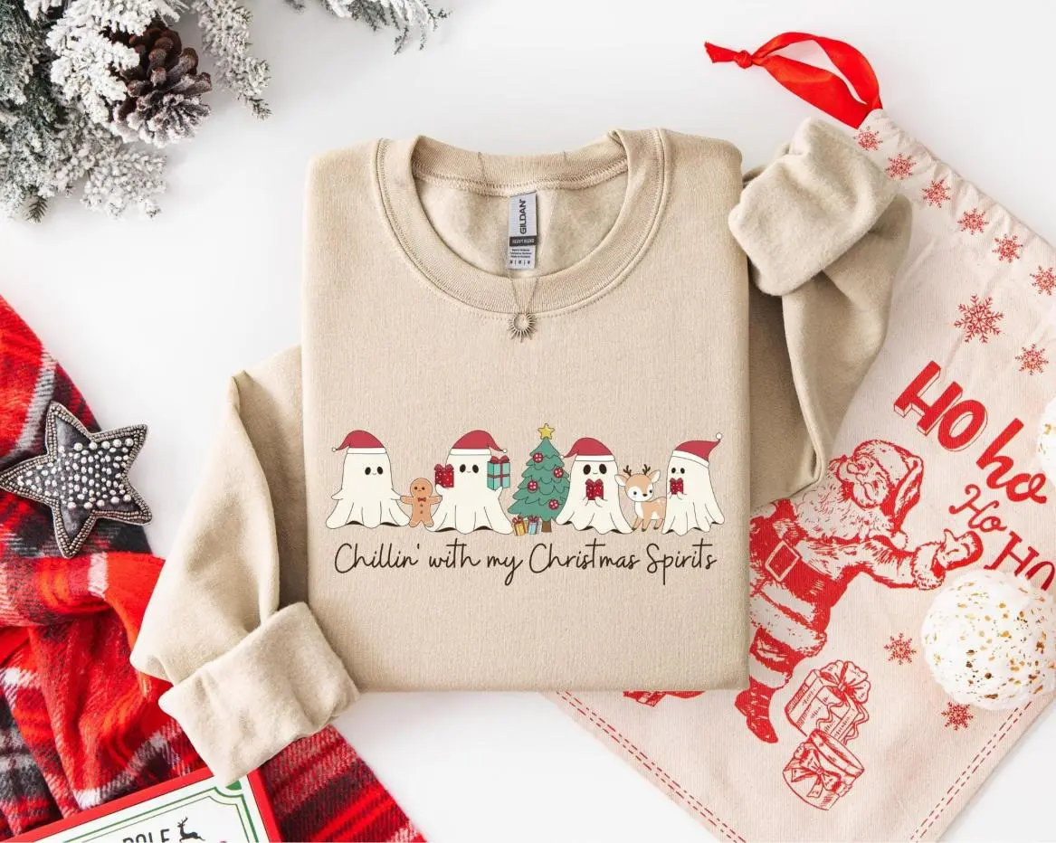 Chillin with my Christmas Spirits Shirt, Funny Christmas Ghosts Sweatshirt, Funny Tee, Christmas Vibes T-Shirt, Merry Christmas Ghost Shirt, Casual Style, Simple Style