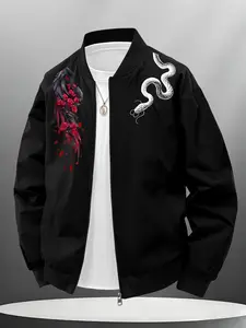 Trendy Men's Night Snake Wing Pattern Baseball Jacket, Casual Loose-Fitting Outerwear, Long Sleeve Geometric Design, All Seasons