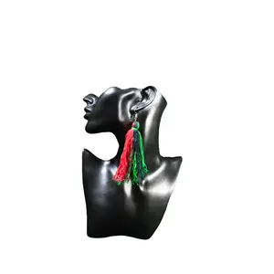 Green, black, and Red, Dangly Tassle earrings, extra long earrings, afro-centric earrings, African flag Earring, Statement earrings.