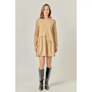 Knit Unbalanced Seam Dress - Tan