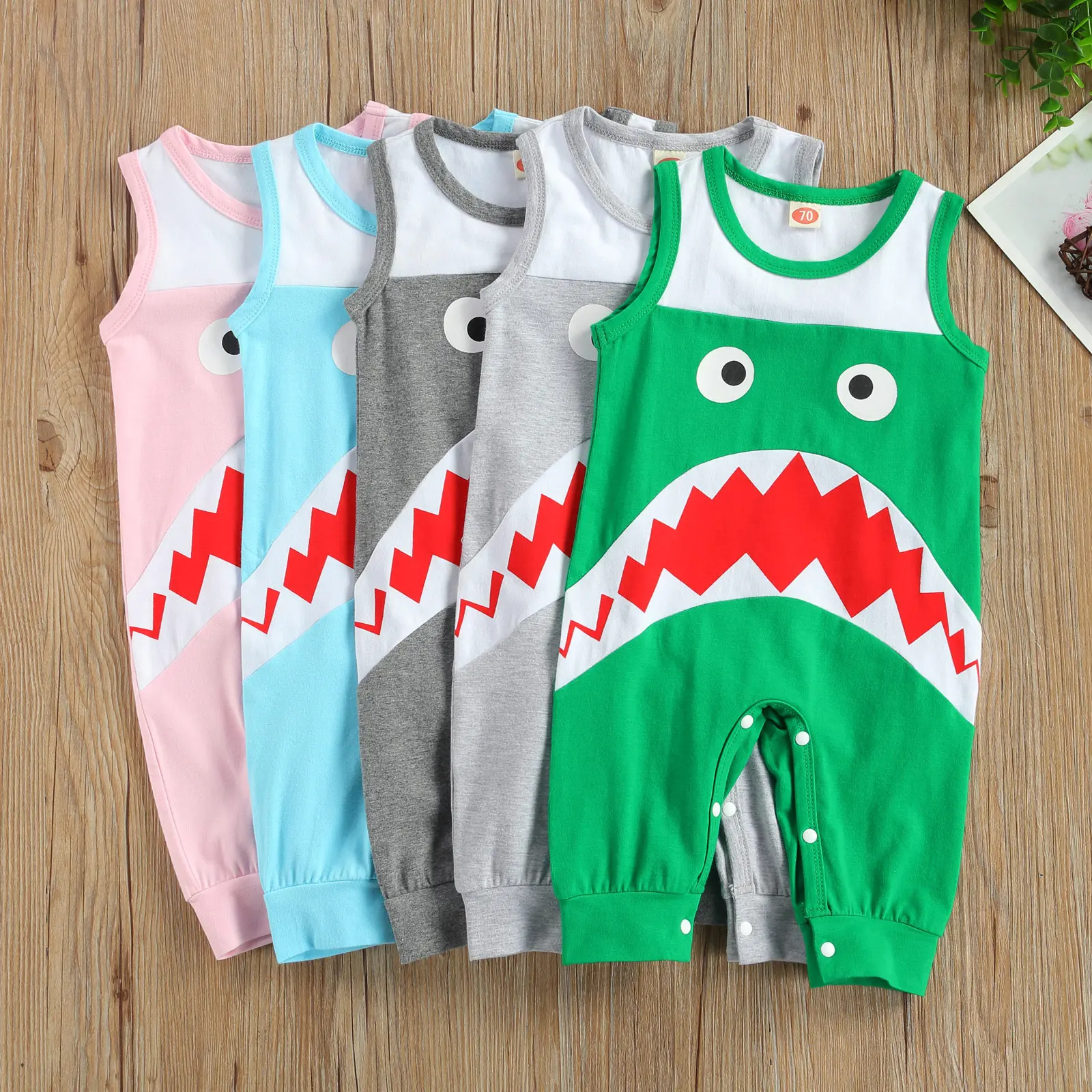 Newborn Baby Boy Girl Summer Bodysuit Shark Printed Sleeveless Contarst Color Jumpsuit  Infant Boy Girl Romper